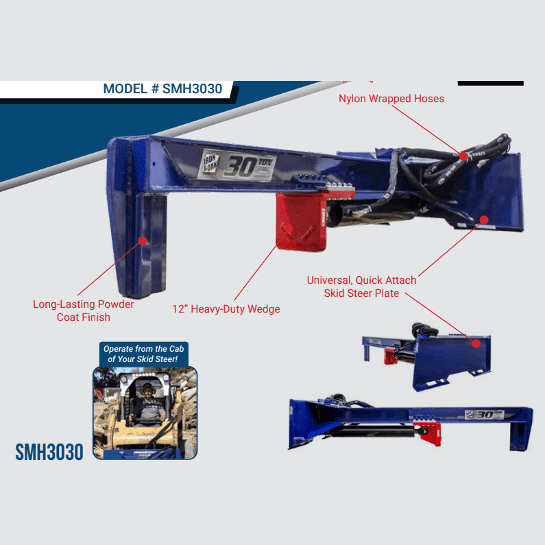 30 Ton Iron & Oak Upside Down Skid Steer Log Splitter 31" Open SMH3030