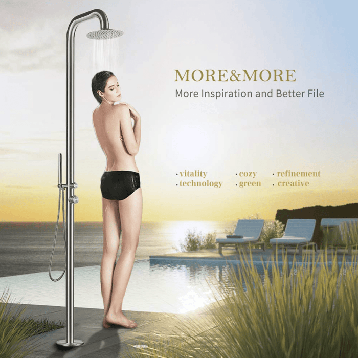 Heatgene Stainless Steel Freestanding Outdoor Shower with Handheld Shower for Outside/Swimming Pools - Backyard Provider