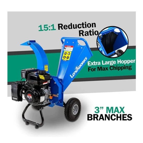 Landworks GUO033 7HP 212CC Gas Engine 3" Max Branch Diameter Wood Chipper and Shredder New