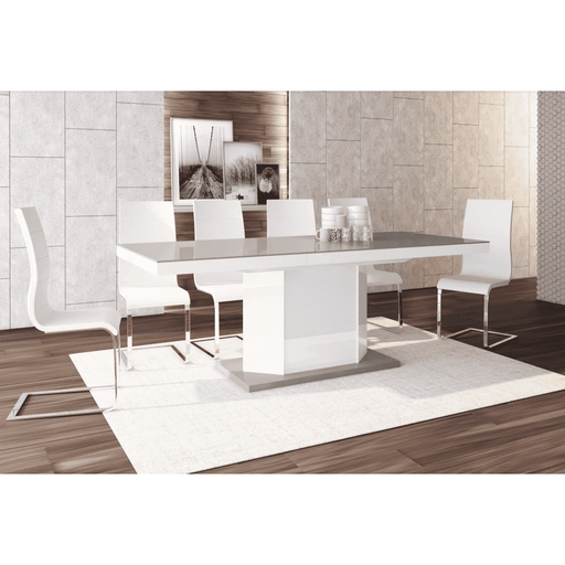 Maxima House Dining Set DIEGO 7 pcs. beige/ white modern glossy Dining Table with 2 self-storing leaves plus 6 white chairs - HU0013K-104WH - Backyard Provider
