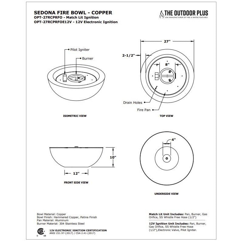 Sedona Copper Fire Bowl Specs