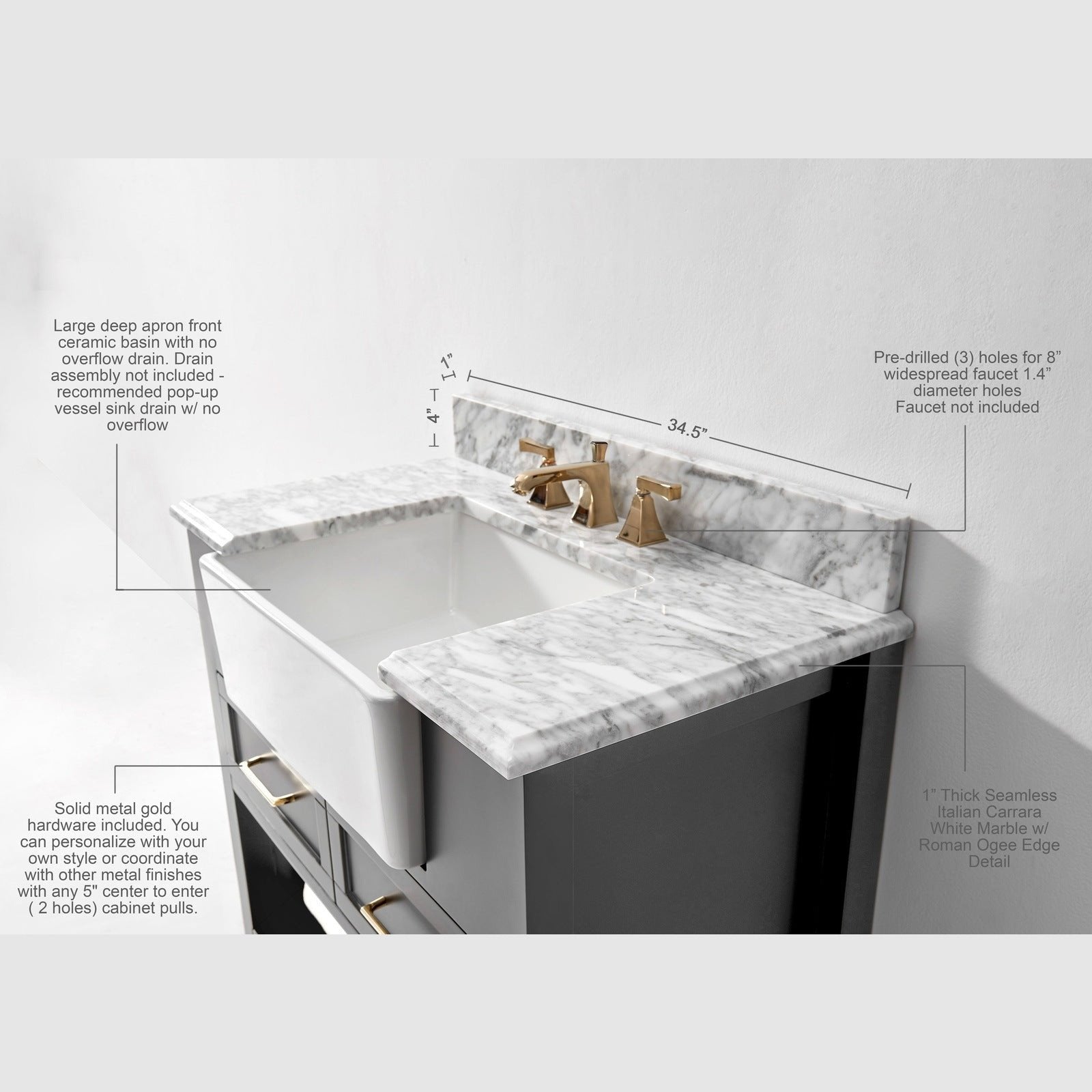 Ancerre Hayley Bathroom Vanity with Sink and Carrara White Marble Top Cabinet Set - VTS-HAYLEY-36-W-CW - Backyard Provider