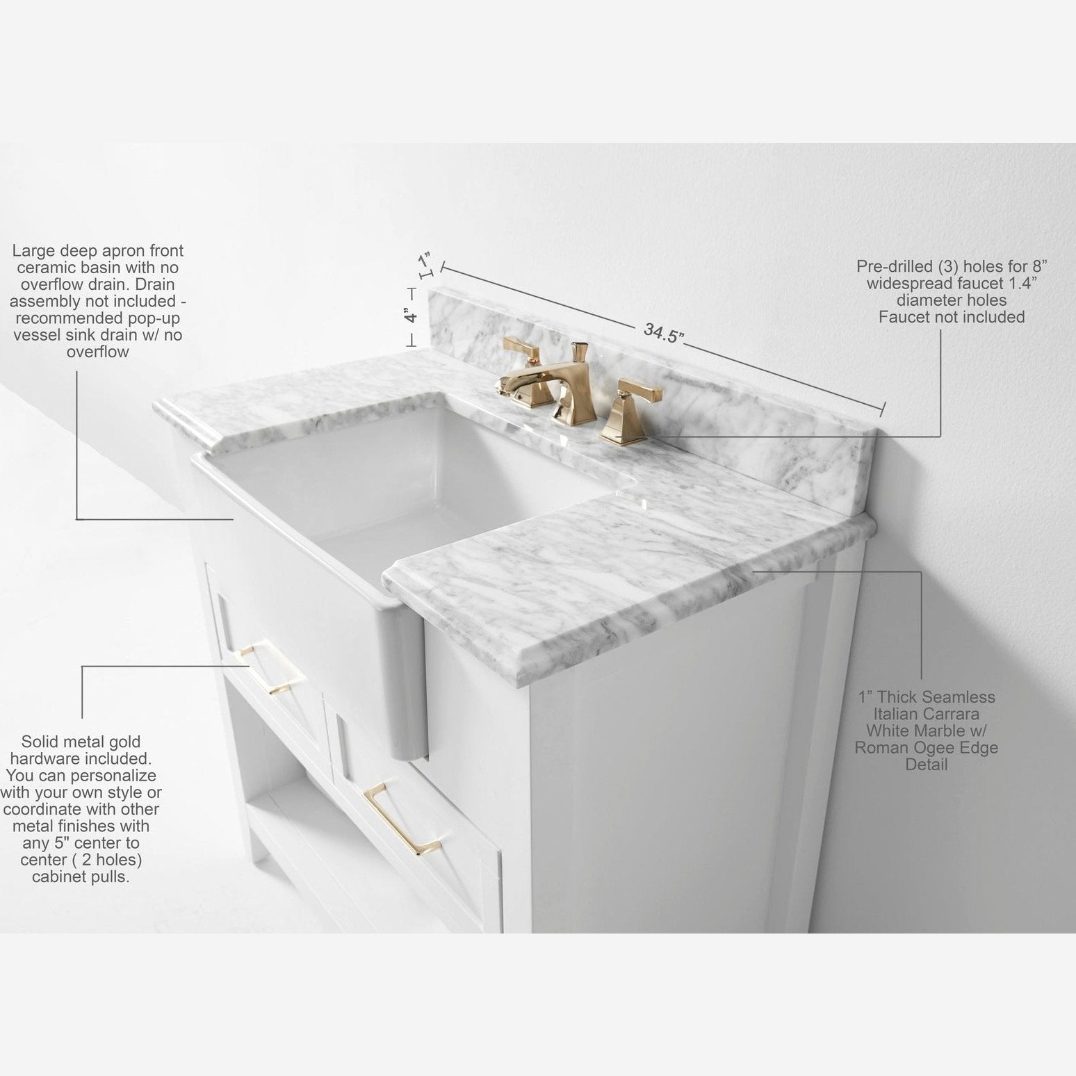 Ancerre Hayley Bathroom Vanity with Sink and Carrara White Marble Top Cabinet Set - VTS-HAYLEY-36-W-CW - Backyard Provider