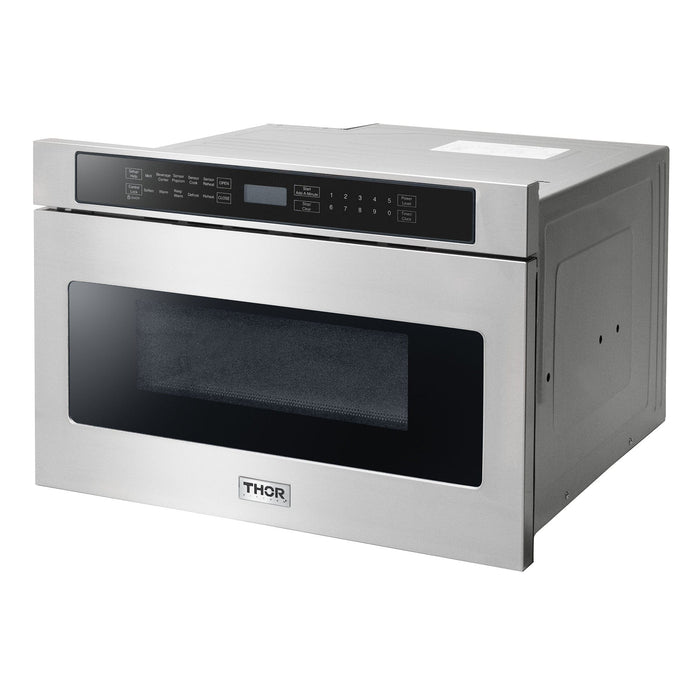 Thor Kitchen Appliance Package - 36 in. Natural Gas Range, Range Hood, Microwave Drawer, Refrigerator, Dishwasher, Wine Cooler, AP-LRG3601U-8