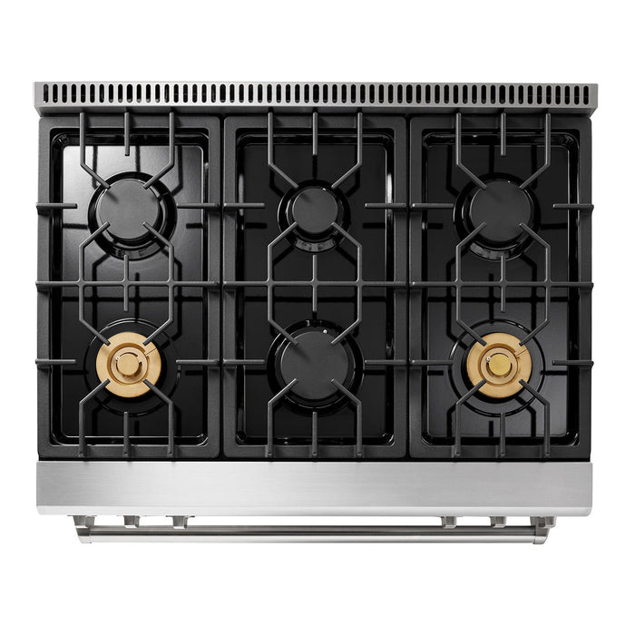 Thor Kitchen Appliance Package - 36 In. Natural Gas Range, Range Hood, Microwave Drawer, Refrigerator, Dishwasher, AP-TRG3601-7