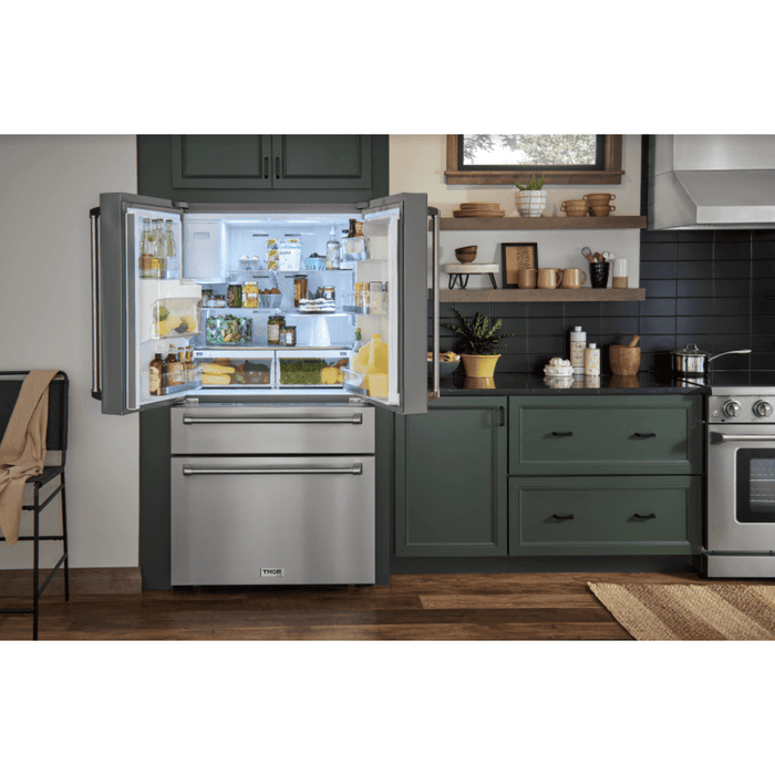 Thor Kitchen Appliance Package - 48 in. Propane Gas Range, Range Hood, Refrigerator with Water and Ice Dispenser, Dishwasher, Wine Cooler, Microwave, AP-LRG4807ULP-W-10