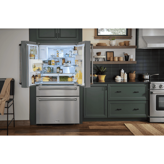 Thor Kitchen Appliance Package - 36 In. Natural Gas Range, Range Hood, Refrigerator with Water and Ice Dispenser, Dishwasher, Wine Cooler, AP-TRG3601-W-8