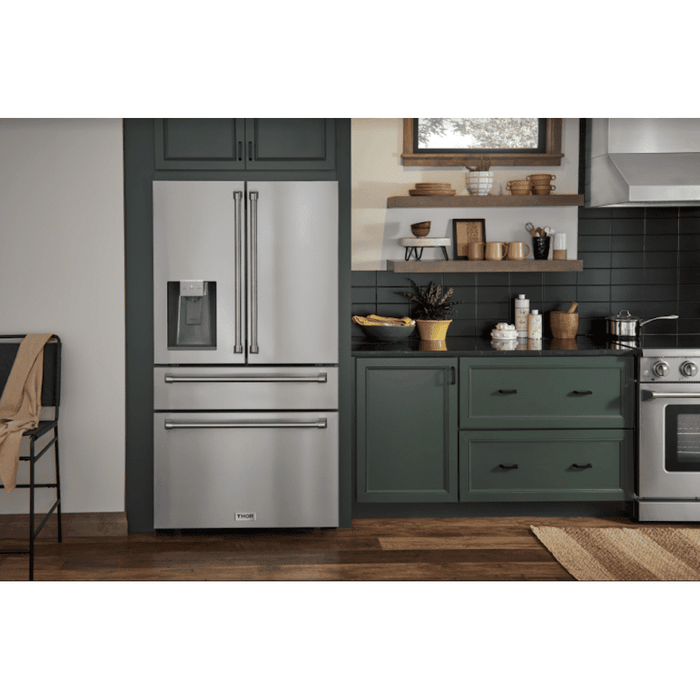 Thor Kitchen Appliance Package - 36 in. Natural Gas Range, Range Hood, Microwave Drawer, Refrigerator with Water and Ice Dispenser, Dishwasher, AP-LRG3601U-13
