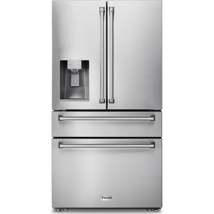 Thor Kitchen Appliance Package - 36 In. Gas Range, Range Hood, Refrigerator with Water and Ice Dispenser, Dishwasher,AP-TRG3601-C-7