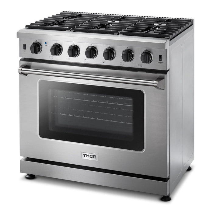 Thor Kitchen Appliance Package - 36 in. Natural Gas Range, Range Hood, Microwave Drawer, Refrigerator, Dishwasher, AP-LRG3601U-7