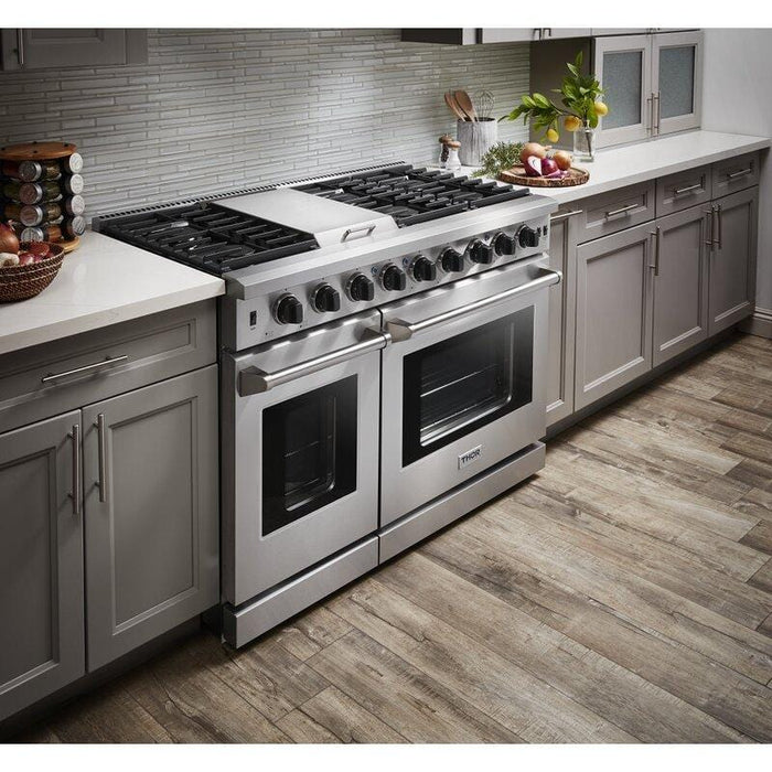 Thor Kitchen Appliance Package - 48 in. Gas Range, Range Hood, Dishwasher, Refrigerator, Microwave Drawer, AP-LRG4807U-7