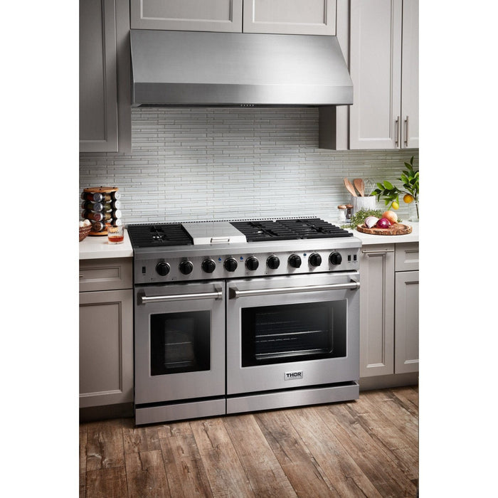 Thor Kitchen Appliance Package - 48 in. Gas Range, Range Hood, Refrigerator with Water and Ice Dispenser, Dishwasher, Wine Cooler, Microwave, AP-LRG4807U-W-10