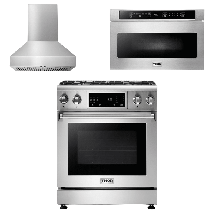 Thor Kitchen Appliance Package - 30 In. Gas Range, Range Hood, Microwave Drawer, AP-TRG3001-W-4