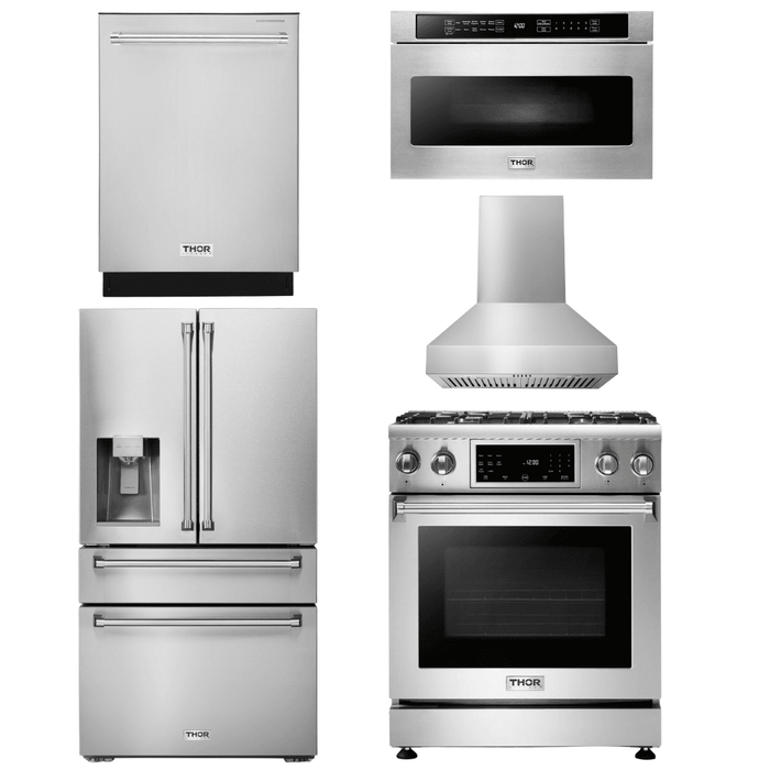 Thor Kitchen Appliance Package - 30 In. Gas Range, Range Hood, Microwave Drawer, Refrigerator with Water and Ice Dispenser, Dishwasher, AP-TRG3001-W-9