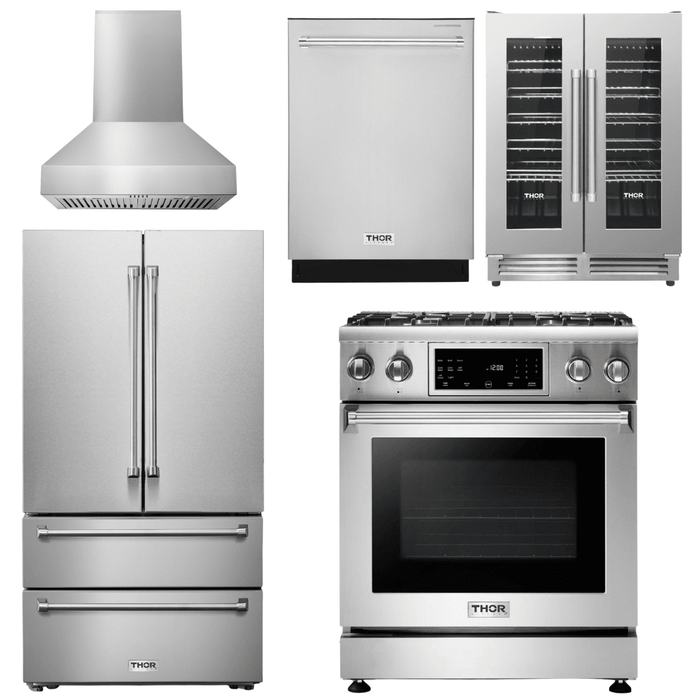 Thor Kitchen Appliance Package - 30 In. Gas Range, Range Hood, Refrigerator, Dishwasher, Wine Cooler, AP-TRG3001-W-3