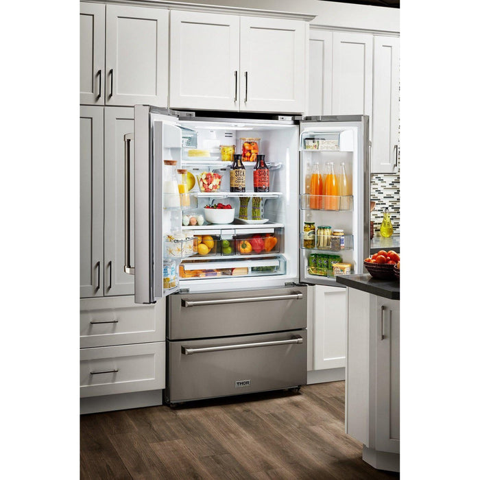 Thor Kitchen Appliance Package - 36 in. Natural Gas Range, Range Hood, Microwave Drawer, Refrigerator, Dishwasher, AP-LRG3601U-7