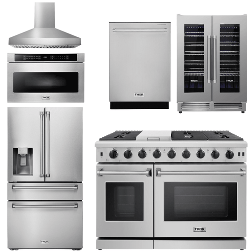 Thor Kitchen Appliance Package - 48 in. Gas Range, Range Hood, Refrigerator with Water and Ice Dispenser, Dishwasher, Wine Cooler, Microwave, AP-LRG4807U-W-10