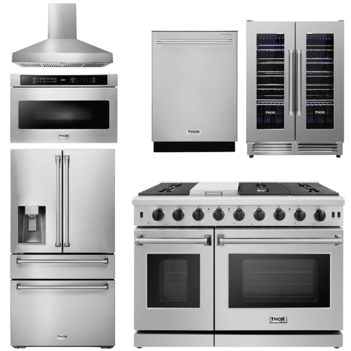 Thor Kitchen Appliance Package - 48 in. Propane Gas Range, Range Hood, Refrigerator with Water and Ice Dispenser, Dishwasher, Wine Cooler, Microwave, AP-LRG4807ULP-W-10