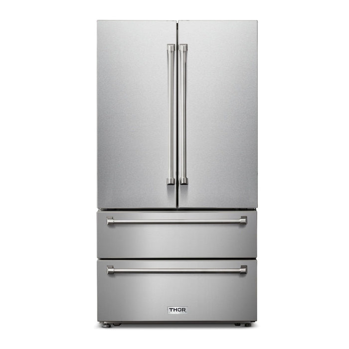 Thor Kitchen Appliance Package - 36 In. Gas Range, Range Hood, Microwave Drawer, Refrigerator, Dishwasher, Wine Cooler, AP-TRG3601LP-C-6