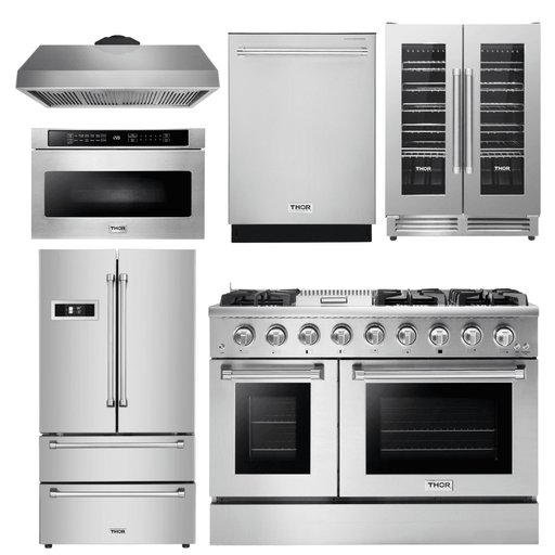 Thor Kitchen Professional Appliance Package - 48 in. Gas Range, Range Hood, Refrigerator, Dishwasher, Microwave Drawer, Wine Cooler, AP-HRG4808U-8