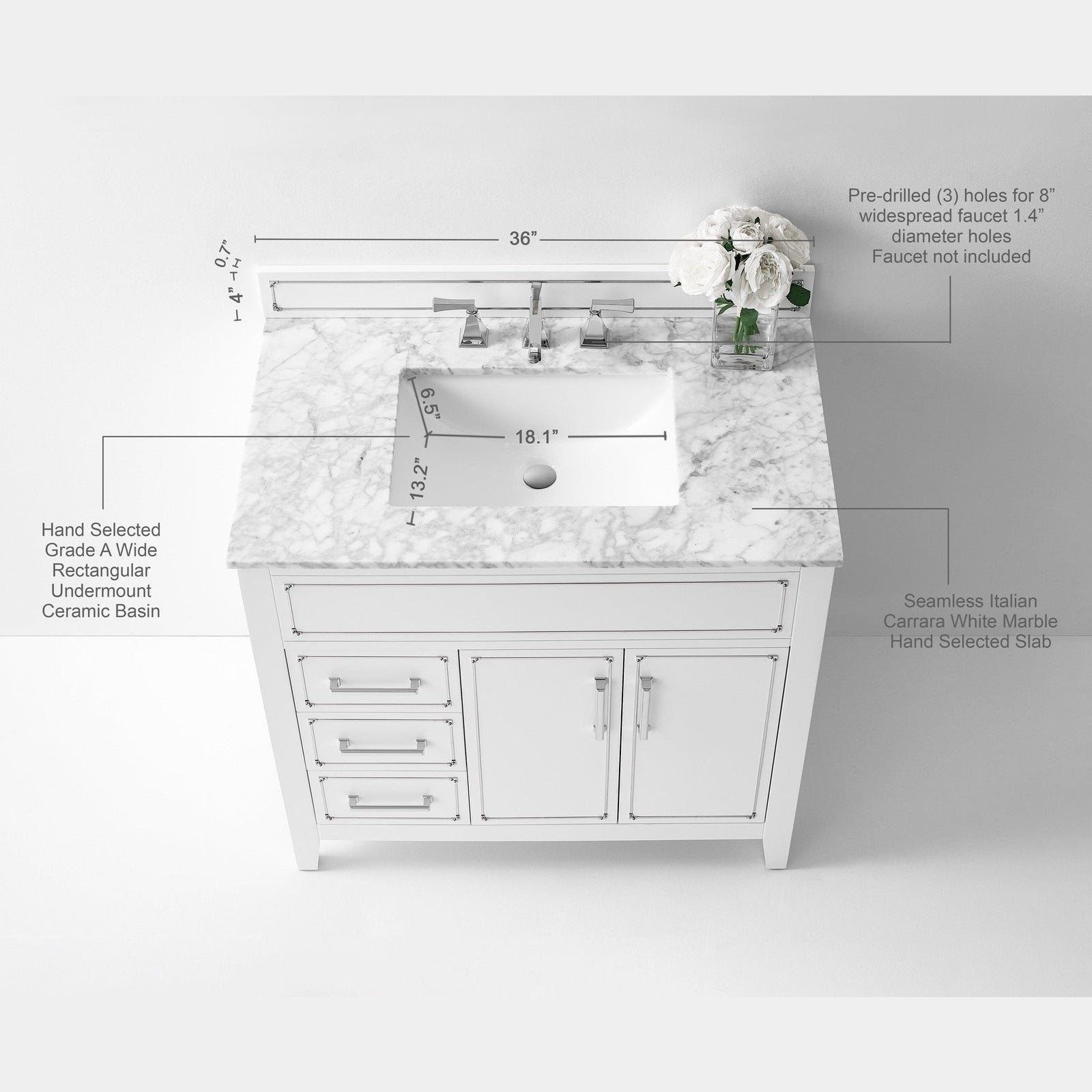 Ancerre Aspen Bathroom Vanity with Sink and Carrara White Marble Top Cabinet Set - VTS-ASPEN-36-W-CW - Backyard Provider