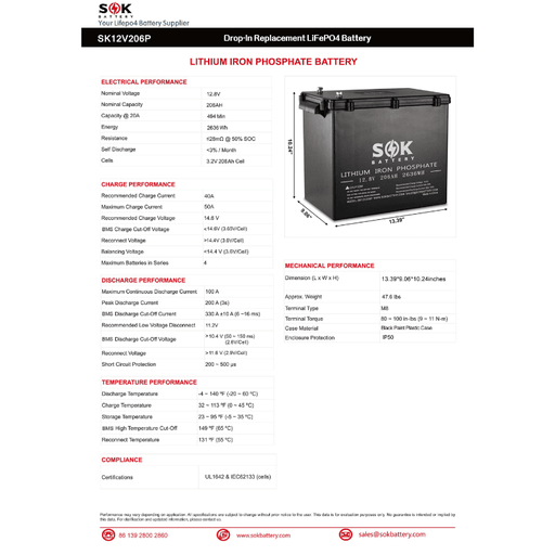 SOK Battery [Marine Grade] 12V 206Ah LiFePO4 Battery | Sealed Plastic Box | Lithium Solar Battery - Backyard Provider