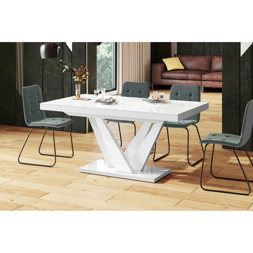 Maxima House Dining Set CHARA 7 pcs. white modern glossy Dining Table with 2 self-starting leaves plus 6 chairs - HU0085K-321B - Backyard Provider