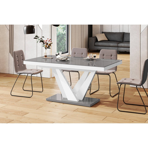 Maxima House Dining Set CHARA 7 pcs. gray/white modern glossy Dining Table with 2 self-storing leaves plus 6 chairs - HU0086K-321B - Backyard Provider
