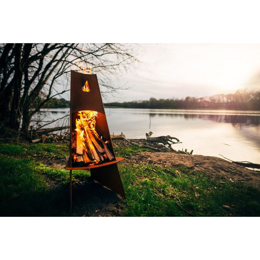 Vesuvius Fire Pit angled view - with fire