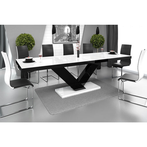Maxima House Dining Set TORIA 7 pcs. modern white/ black glossy Dining Table with 2 self-storing leaves plus 6 chairs - HU0012K-104 - Backyard Provider