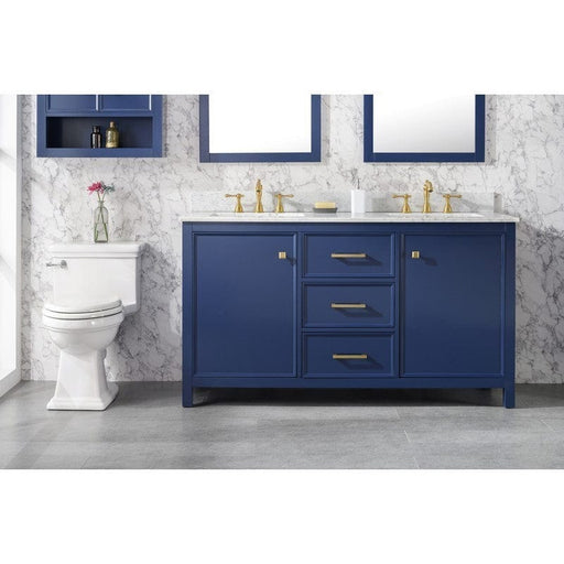 Legion Furniture WLF2160D-B 60 Inch Blue Finish Double Sink Vanity Cabinet with Carrara White Top - Backyard Provider