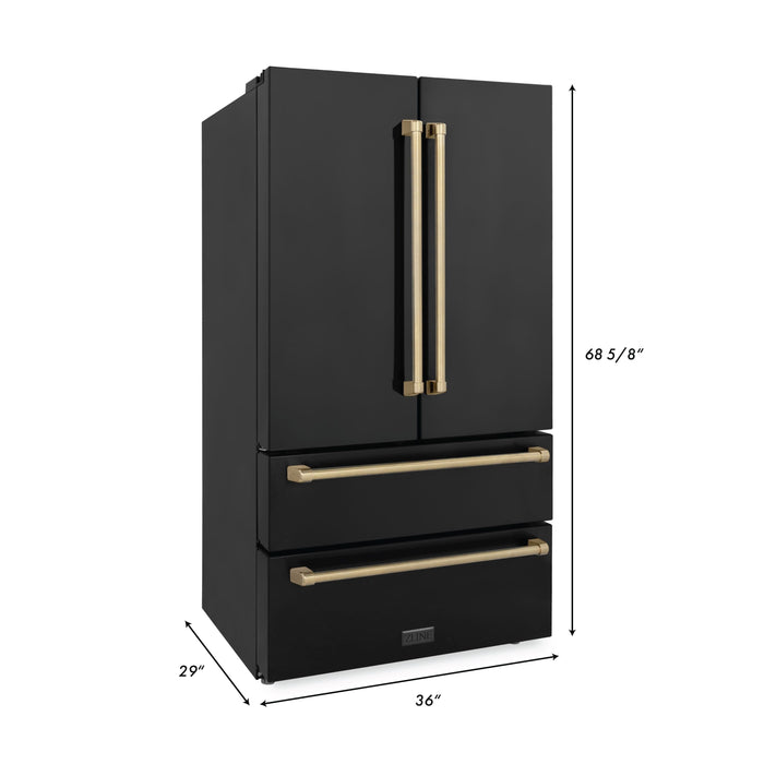 ZLINE 36 In. Autograph 22.5 cu. ft. Refrigerator with Ice Maker in Fingerprint Resistant Black Stainless Steel and Champagne Bronze Accents, RFMZ-36-BS-CB