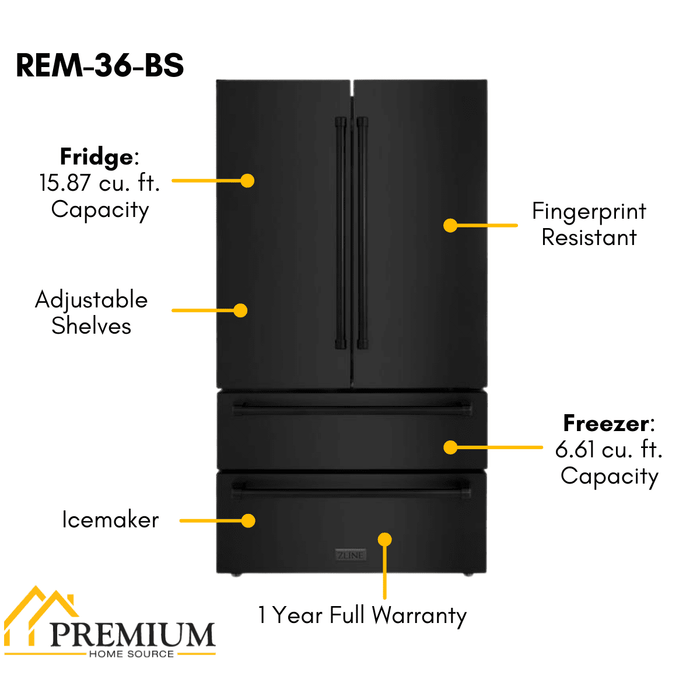 ZLINE 36 inch 22.5 cu. ft. French Door Refrigerator with Ice Maker in Black Stainless Steel, RFM-36-BS
