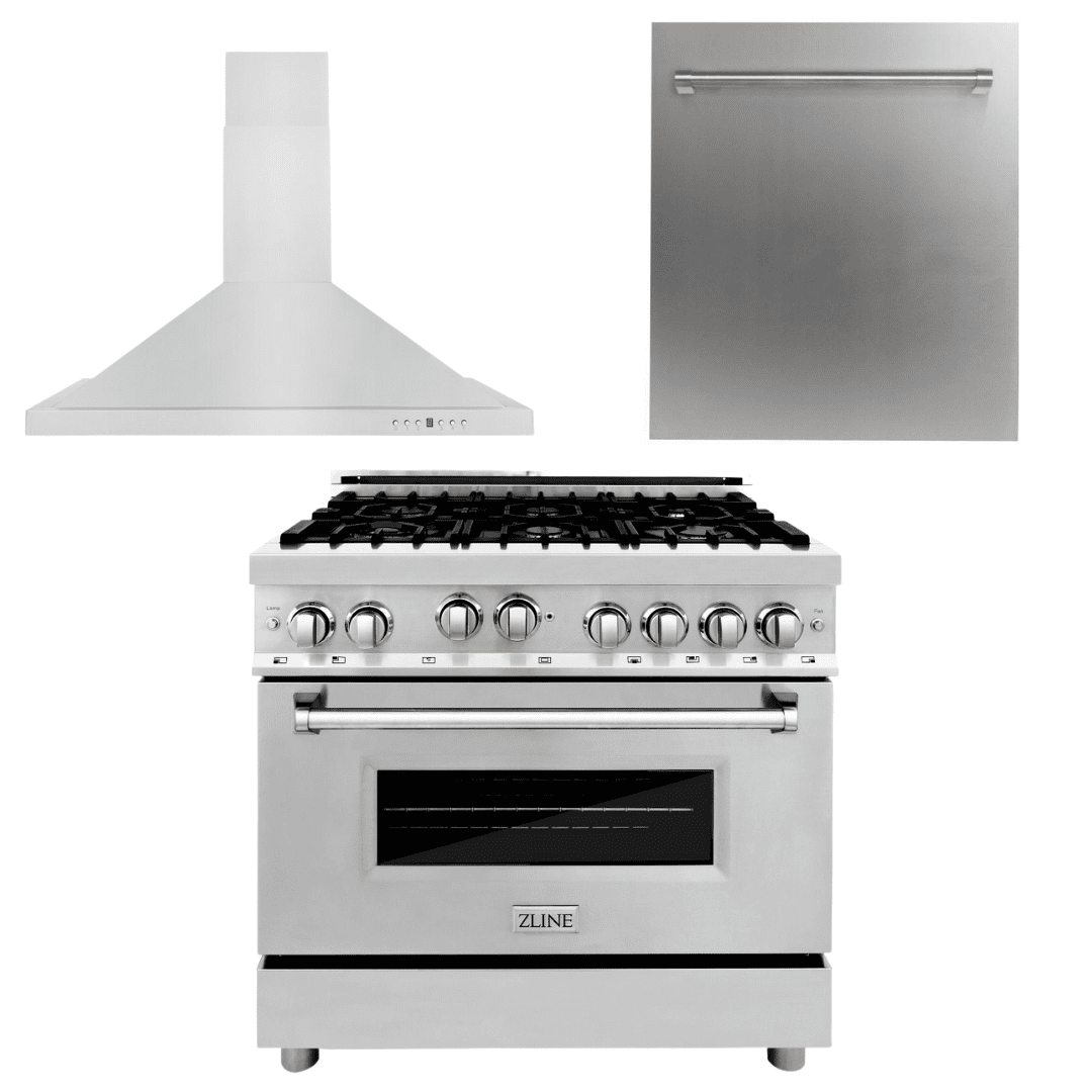 ZLINE Appliance Package - 36 in. Gas Range, Range Hood, Dishwasher, 3KP-RGRH36-DW