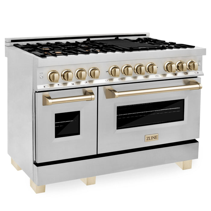 ZLINE Autograph 48 in. Gas Burner/Electric Oven in Stainless Steel with Gold Accents, RAZ-48-G