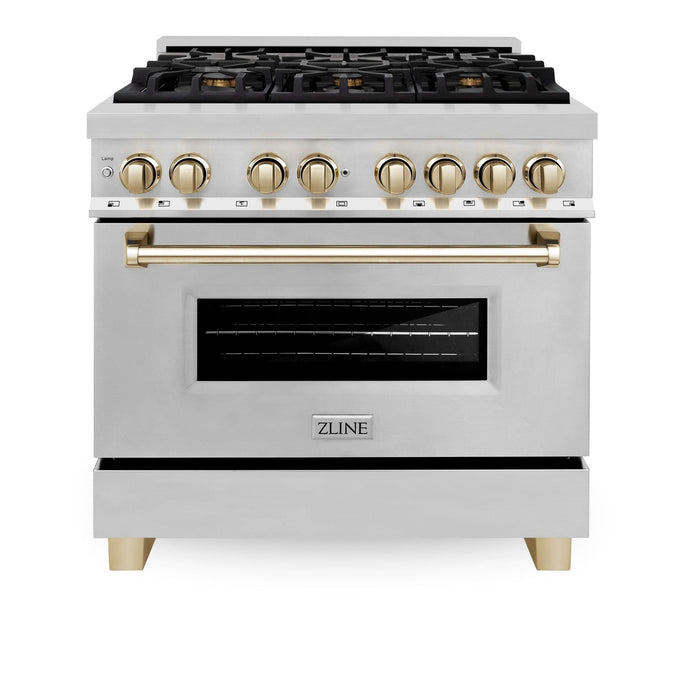ZLINE Kitchen and Bath Autograph Edition 36 In. Range with Gas Stove and Electric Oven in Stainless Steel with Gold Accent, RAZ-36-G