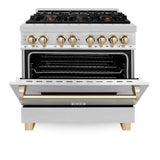 ZLINE Kitchen and Bath Autograph Edition 36 In. Range with Gas Stove and Electric Oven in Stainless Steel with Gold Accent, RAZ-36-G