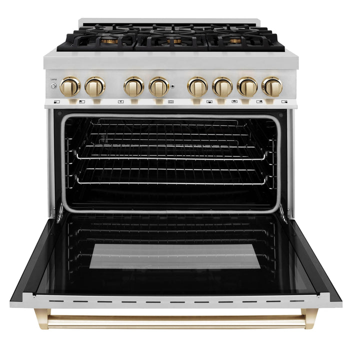 ZLINE Kitchen and Bath Autograph Edition 36 In. Range with Gas Stove and Electric Oven in Stainless Steel with Gold Accent, RAZ-36-G