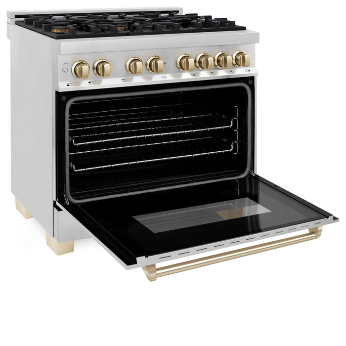 ZLINE Kitchen and Bath Autograph Edition 36 In. Range with Gas Stove and Electric Oven in Stainless Steel with Gold Accent, RAZ-36-G