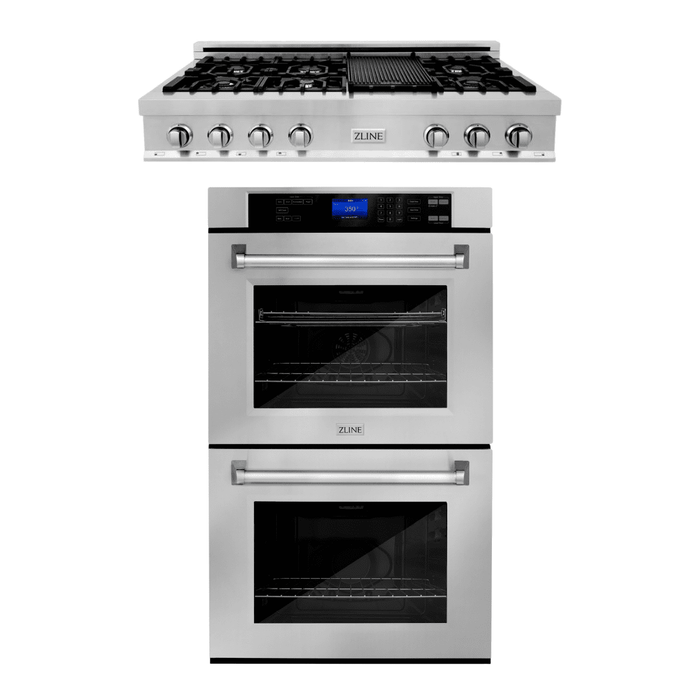 ZLINE Kitchen Appliance Package with 48 in. Stainless Steel Rangetop and 30 in. Double Wall Oven, 2KP-RTAWD48