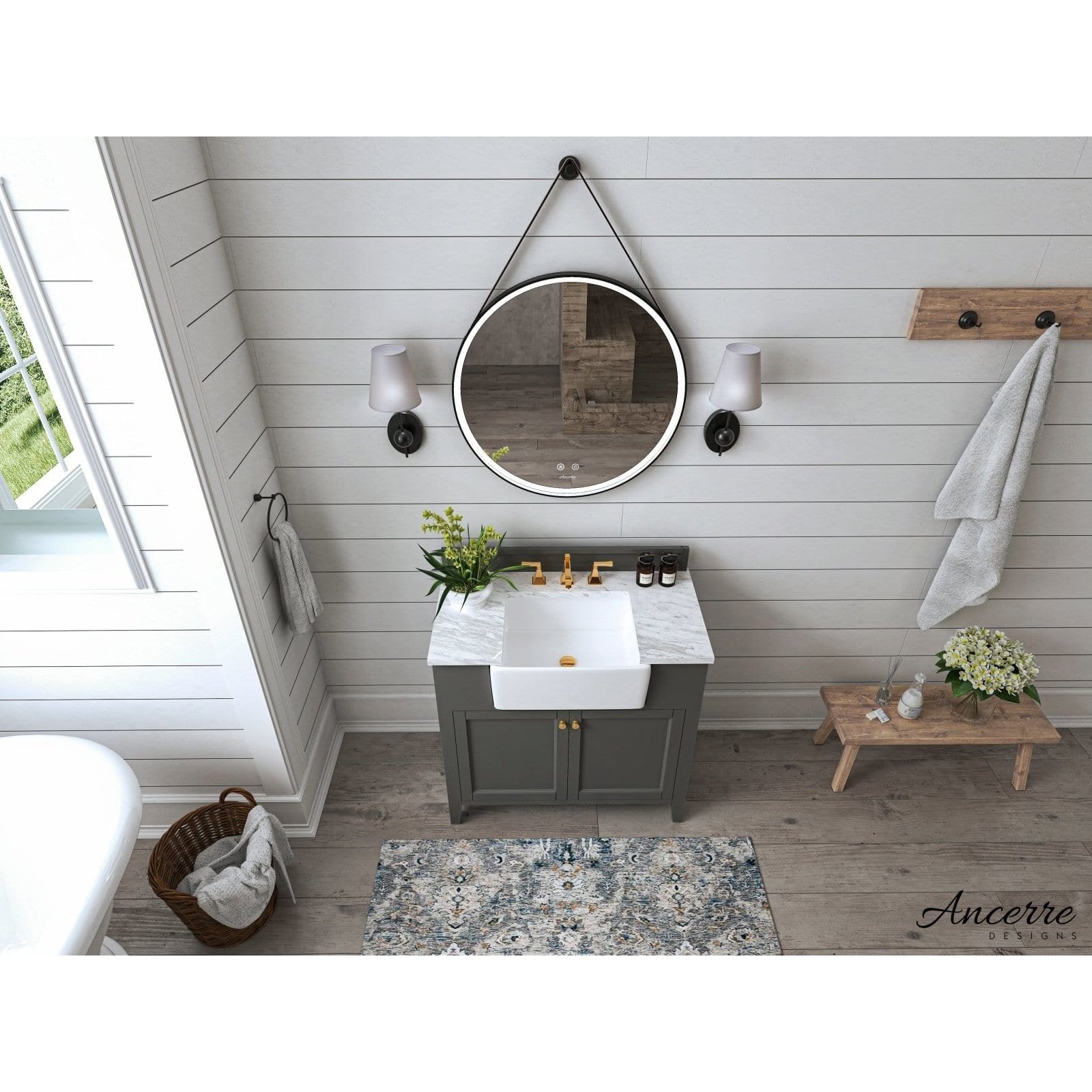 Ancerre Adeline Bathroom Vanity with Farmhouse Sink and Carrara White Marble Top Cabinet Set - VTS-ADELINE-36-W-CW-GD - Backyard Provider