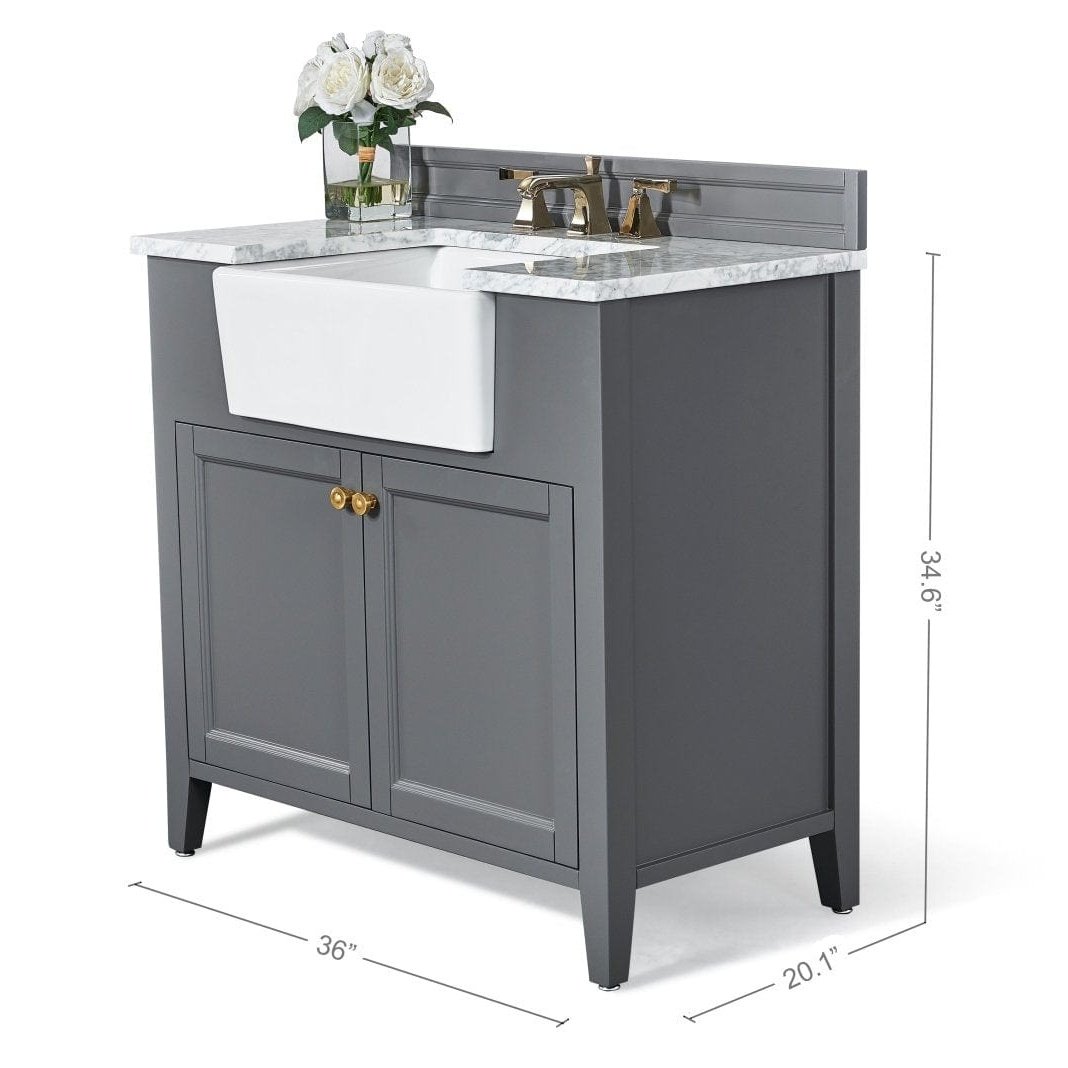 Ancerre Adeline Bathroom Vanity with Farmhouse Sink and Carrara White Marble Top Cabinet Set - VTS-ADELINE-36-W-CW-GD - Backyard Provider