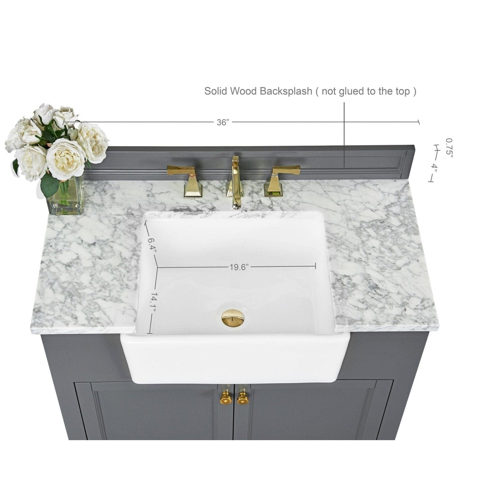 Ancerre Adeline Bathroom Vanity with Farmhouse Sink and Carrara White Marble Top Cabinet Set - VTS-ADELINE-36-W-CW-GD - Backyard Provider