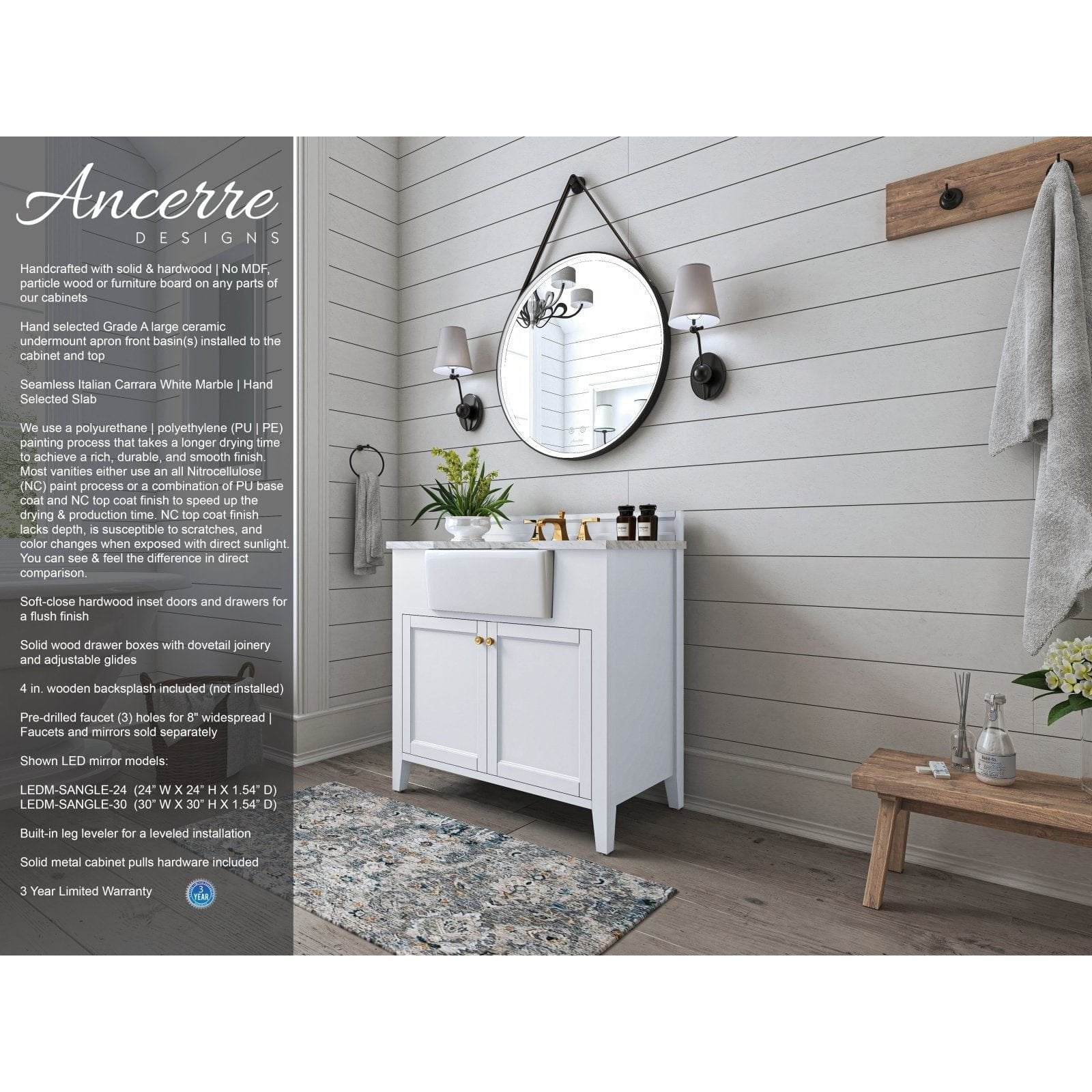 Ancerre Adeline Bathroom Vanity with Farmhouse Sink and Carrara White Marble Top Cabinet Set - VTS-ADELINE-36-W-CW-GD - Backyard Provider