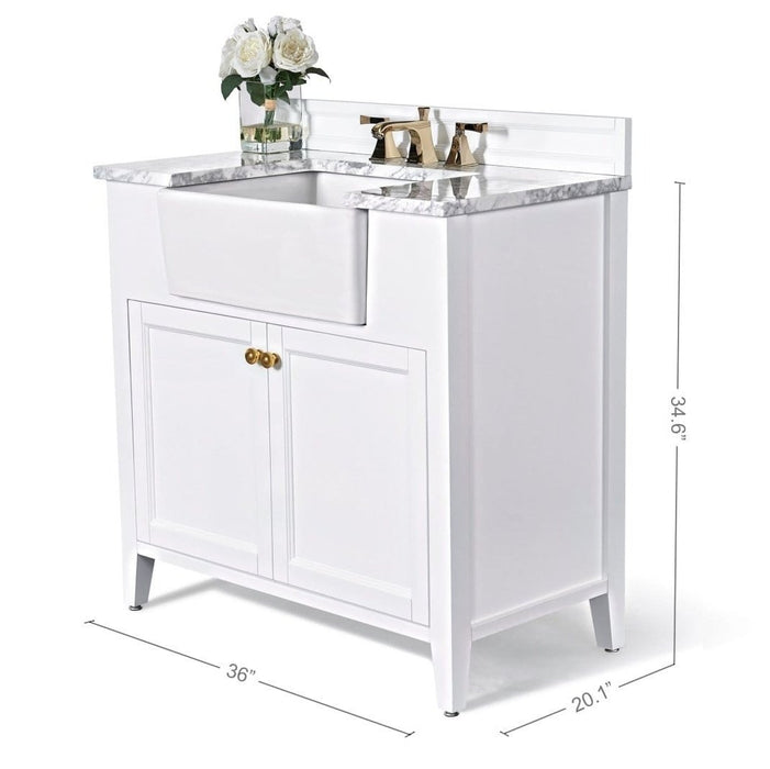Ancerre Adeline Bathroom Vanity with Farmhouse Sink and Carrara White Marble Top Cabinet Set - VTS-ADELINE-36-W-CW-GD - Backyard Provider