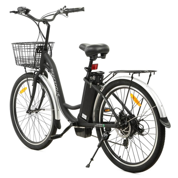 Ecotric 26inch Black Peacedove electric city bike with basket and rear rack - NS-PEA26LED-MB