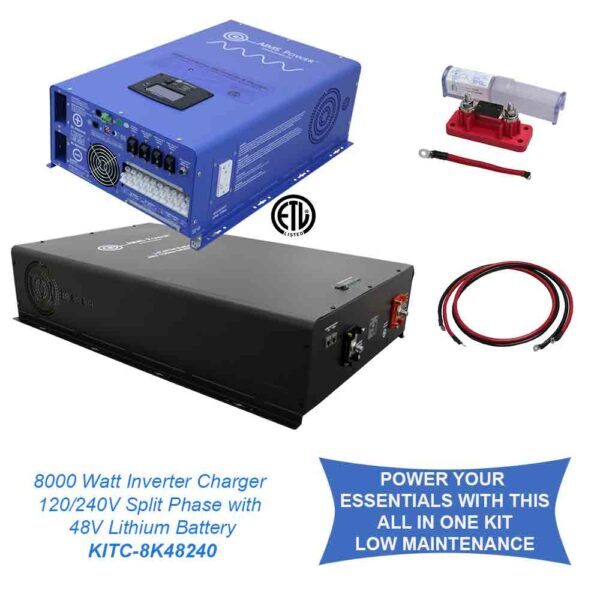 Aims Power 8000 Watt Pure Sine Inverter Charger Split Phase 120V/240V & 48V Lithium Battery Off Grid/Back Up Kit