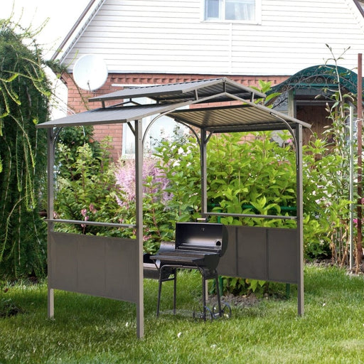 Outsunny 8'x5' BBQ Grill Gazebo with 2 Side Shelves, Outdoor Double Tiered Interlaced Polycarbonate Roof with Steel Frame - 84C-221