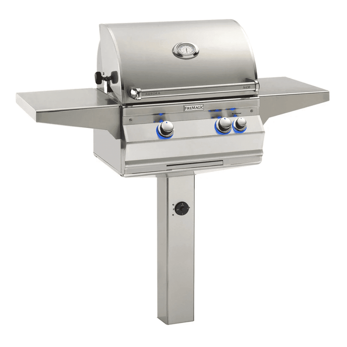 Fire Magic Aurora A430s 24-Inch Natural Gas In-Ground Post Mounted Grill w/ Backburner, Rotisserie Kit and Analog Thermometer - A430S-8EAN-G6