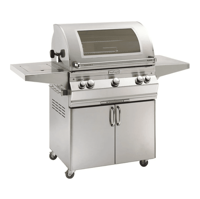 Fire Magic Aurora A660s 30-Inch Propane Gas Freestanding Grill w/ Flush Mounted Single Side Burner, 1 Sear Burner, Backburner, Rotisserie Kit, Magic View Window and Analog Thermometer - A660S-8LAP-62-W - Fire Magic Grills